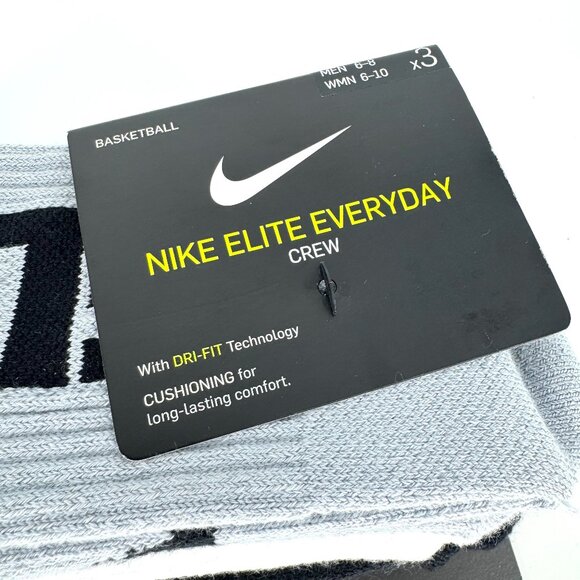 Nike Elite Everyday Crew Socks 3 Pack Black White Grey Size Medium NWT - Picture 3 of 6